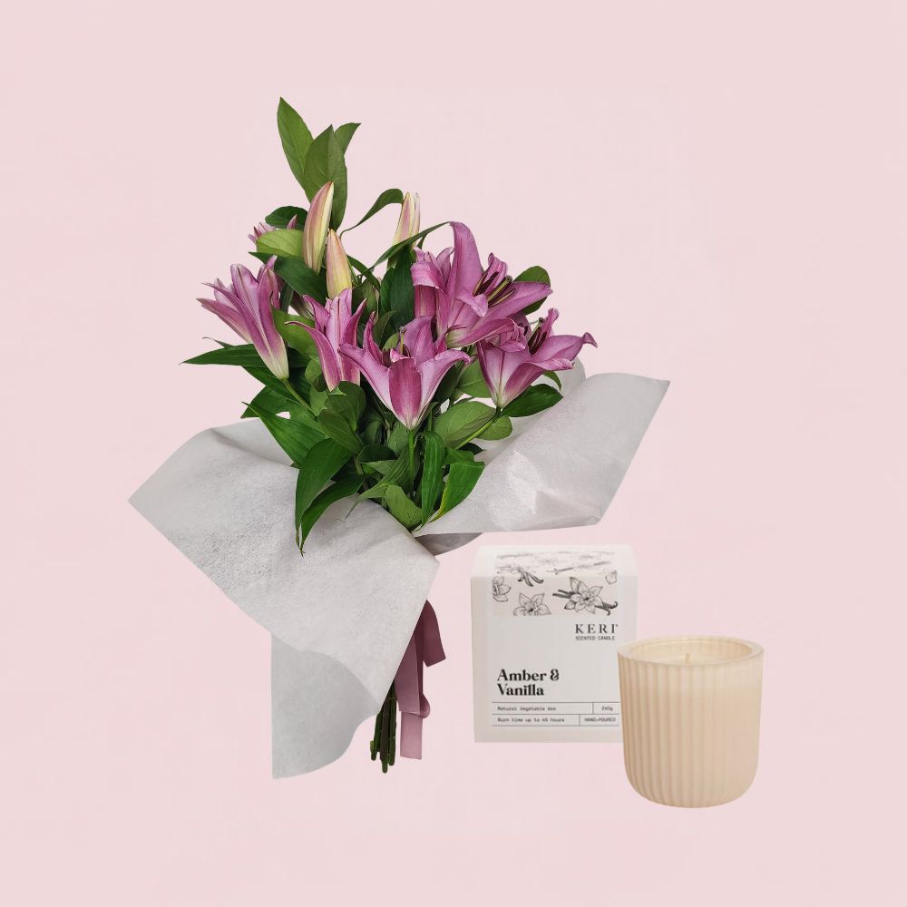 Pink Lillies + Candle Arrangement